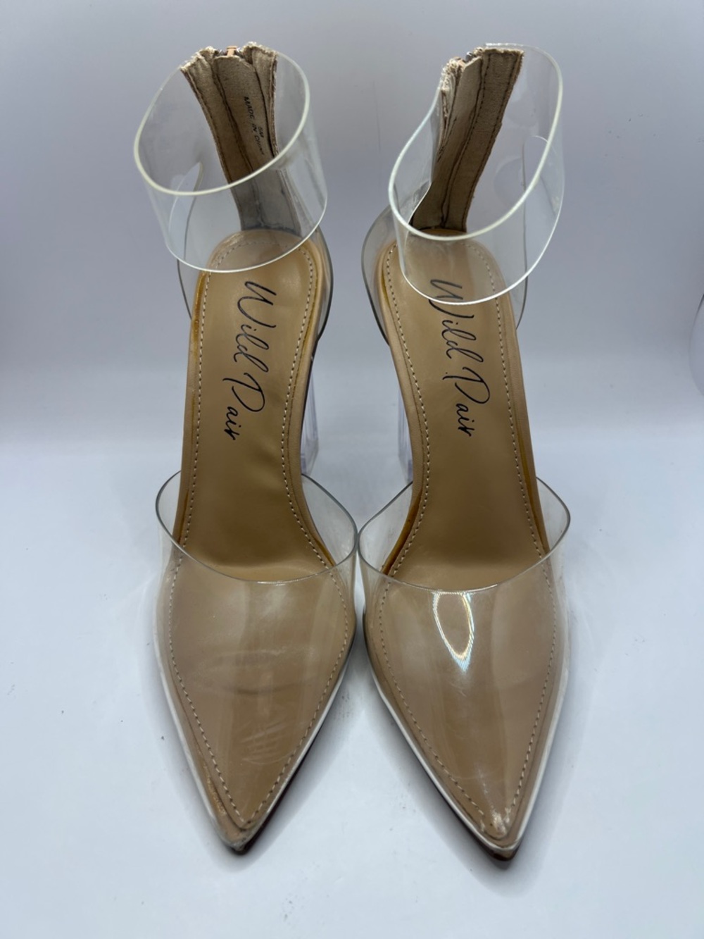 Wild Pair Nude Clear Pointed-Toe Ankle Strap Heels